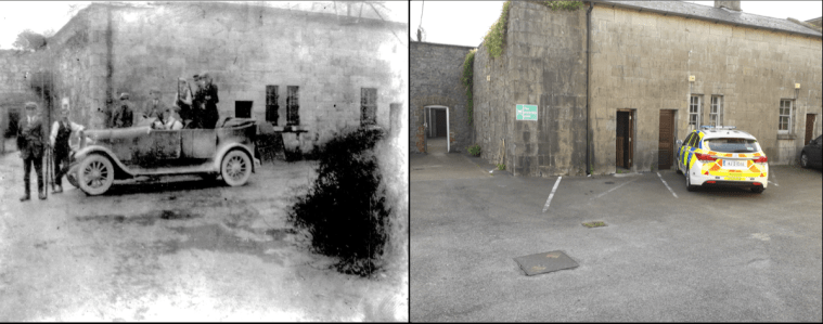 Then & Now comparison of the location where Midleton IRA were photographed at the Constabulary Barracks in 1921/22