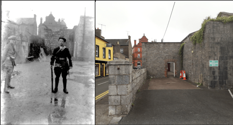 Then & Now comparison of the location where Midleton IRA were photographed at the Constabulary Barracks in 1922